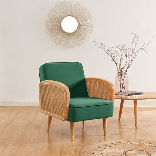 Fauteuil Sila Cannage Et Velours Vert Avec Piètement Bois
