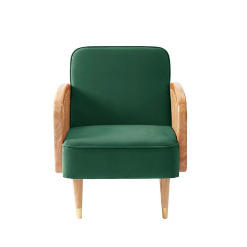 Fauteuil Sila Cannage Et Velours Vert Avec Piètement Bois