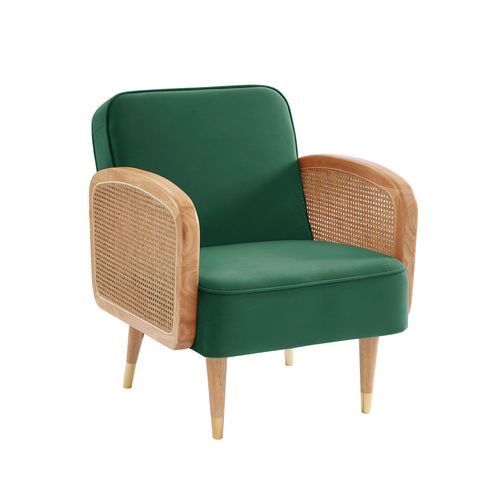 Fauteuil Sila Cannage Et Velours Vert Avec Piètement Bois