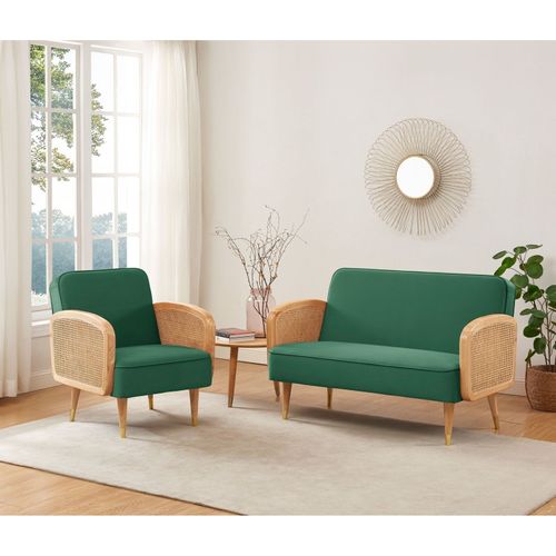 Fauteuil Sila Cannage Et Velours Vert Avec Piètement Bois