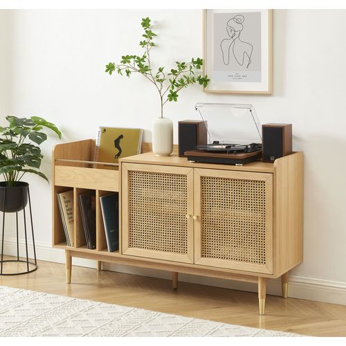 Meuble Vinyle Leon Placage Chêne Et Cannage Rotin 140cm
