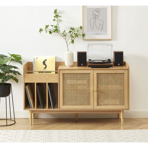 Meuble Vinyle Leon Placage Chêne Et Cannage Rotin 140cm