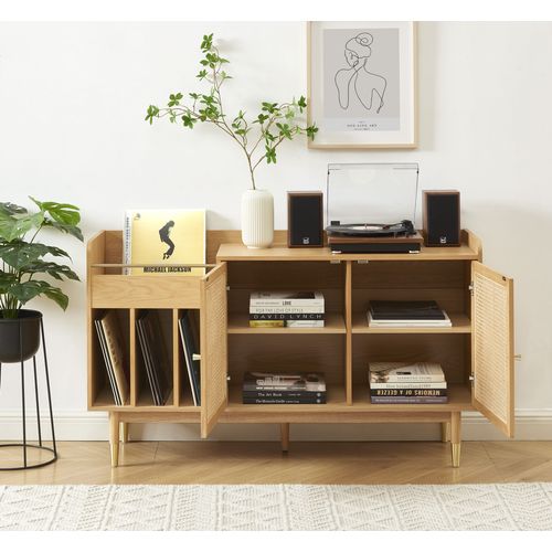 Meuble Vinyle Leon Placage Chêne Et Cannage Rotin 140cm