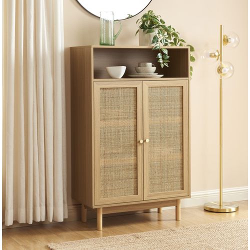 Buffet Helena Effet Chêne Et Cannage Rotin 2 Portes 80 Cm