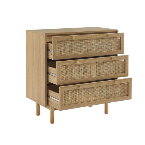Commode Helena Effet Chêne Et Cannage Rotin 3 Tiroirs