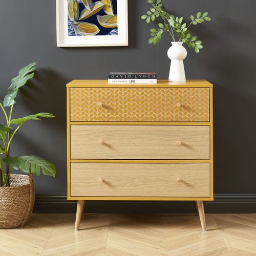 Commode Capucine Ocre Et Effet Chêne 3 Tiroirs 78cm