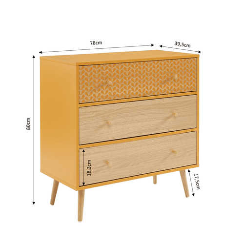 Commode Capucine Ocre Et Effet Chêne 3 Tiroirs 78cm