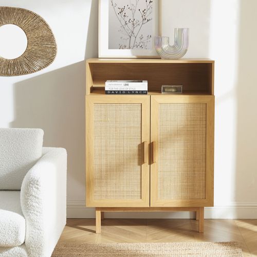 Meuble à Chaussures 2 Portes 1 Niche En Bois Et Cannage L80cm