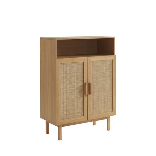 Meuble à Chaussures 2 Portes 1 Niche En Bois Et Cannage L80cm