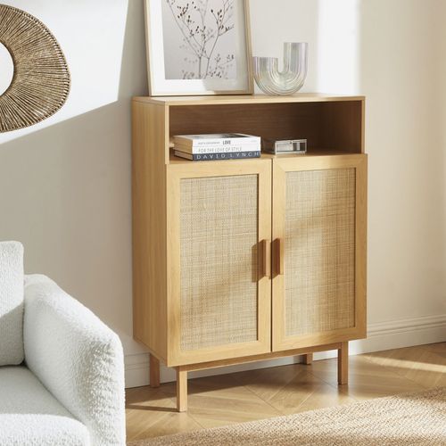 Meuble à Chaussures 2 Portes 1 Niche En Bois Et Cannage L80cm