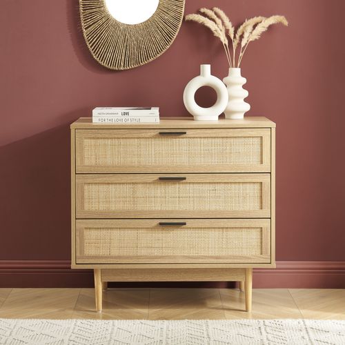 Commode Amana Effet Chêne Et Cannage Rotin 3 Tiroirs 80cm