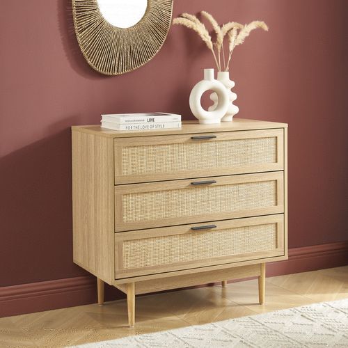 Commode Amana Effet Chêne Et Cannage Rotin 3 Tiroirs 80cm