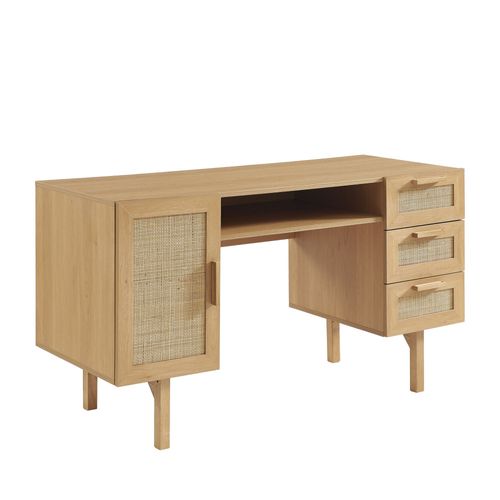 Bureau 1 Porte 3 Tiroirs En Bois Et Cannage L135cm