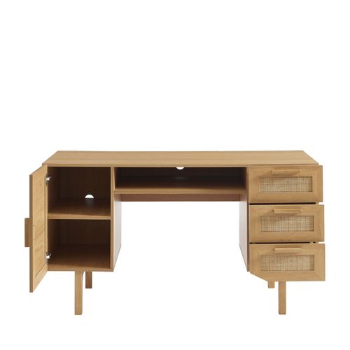 Bureau 1 Porte 3 Tiroirs En Bois Et Cannage L135cm