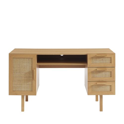Bureau 1 Porte 3 Tiroirs En Bois Et Cannage L135cm