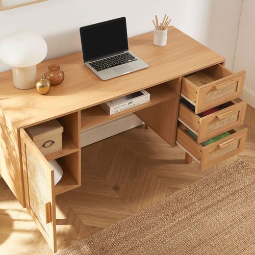 Bureau 1 Porte 3 Tiroirs En Bois Et Cannage L135cm