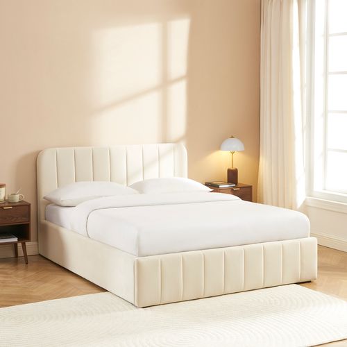 Lit Coffre Simi Velours Beige 140x190 Sommier Inclus