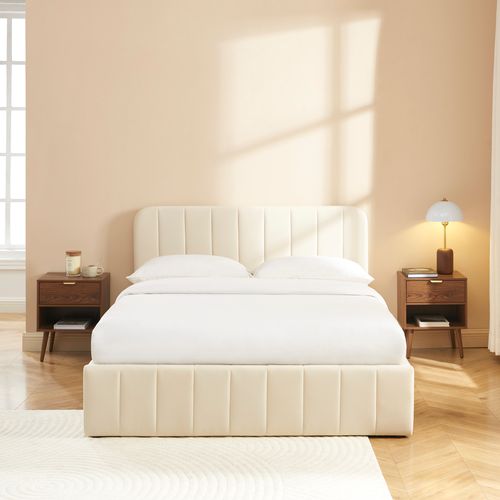 Lit Coffre Simi Velours Beige 140x190 Sommier Inclus