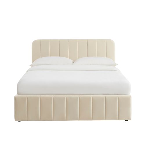 Lit Coffre Simi Velours Beige 140x190 Sommier Inclus