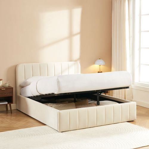 Lit Coffre Simi Velours Beige 140x190 Sommier Inclus