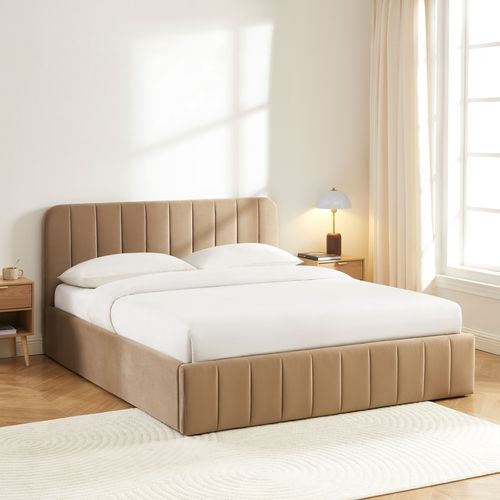 Lit Coffre Simi Velours Marron 160x200 Sommier Inclus