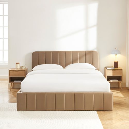 Lit Coffre Simi Velours Marron 160x200 Sommier Inclus