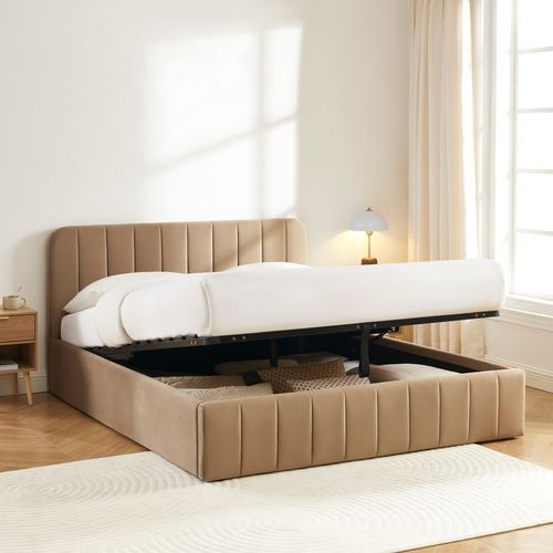 Lit Coffre Simi Velours Marron 160x200 Sommier Inclus