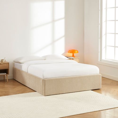 Lit Coffre Marcy Tissu Chenille Grege 140x190 Sommier Inclus