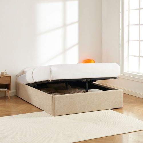 Lit Coffre Marcy Tissu Chenille Grege 140x190 Sommier Inclus