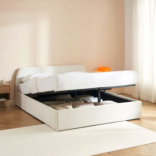 Lit Coffre Gela Tissu Chenille Beige 160x200 Sommier Inclus