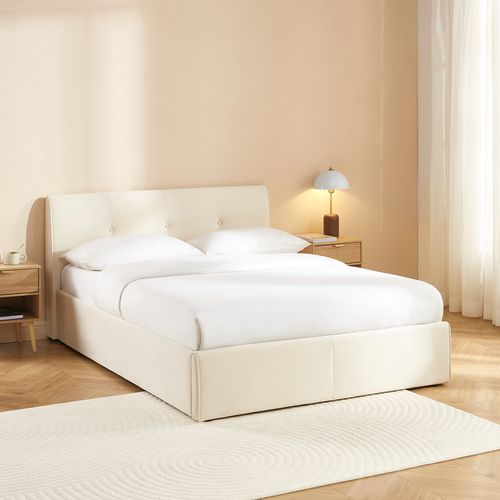 Lit Coffre Seguro Velours Beige 140x190 Sommier Inclus