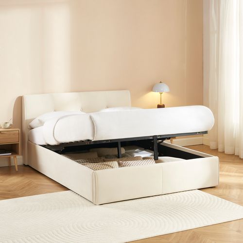 Lit Coffre Seguro Velours Beige 140x190 Sommier Inclus