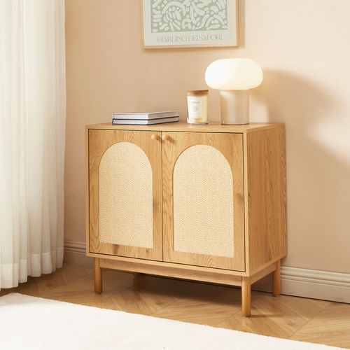 Buffet Baama Effet Chêne Et Cannage Rotin 2 Portes 80cm