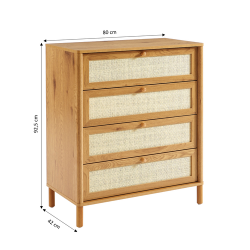 Commode Haida 4 Tiroirs Effet Chêne Et Rotin 80cm