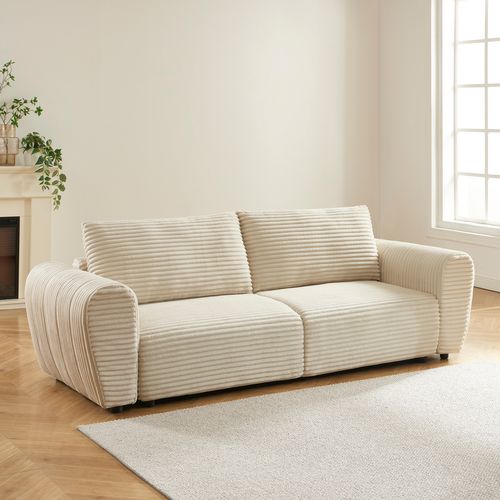 Canapé Droit Convertible Loic En Velours Côtelé Beige 3 Places