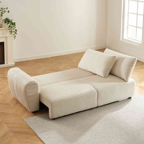 Canapé Droit Convertible Loic En Velours Côtelé Beige 3 Places