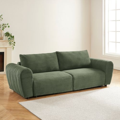 Canapé Droit Convertible Loic En Velours Côtelé Vert 3 Places