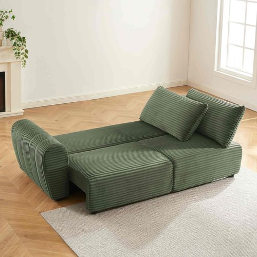 Canapé Droit Convertible Loic En Velours Côtelé Vert 3 Places