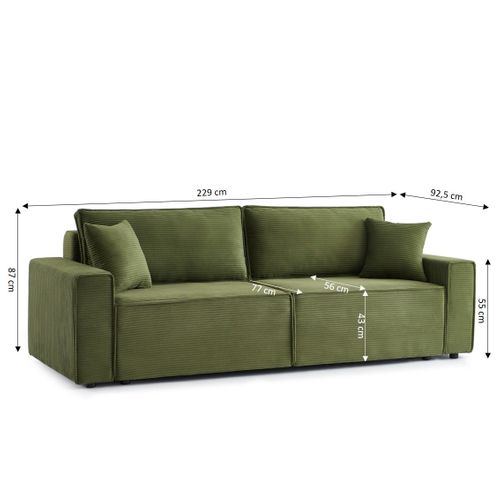 Canapé Droit Convertible 3 Places Zola Velours Côtelé Vert