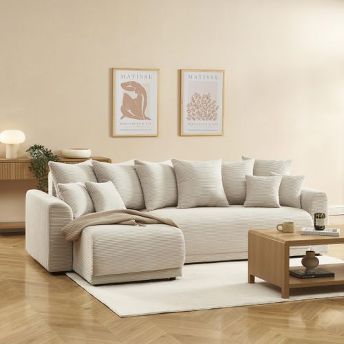 Canapé D'angle Convertible Et Réversible 4 Places Soline Velours Côtelé Beige