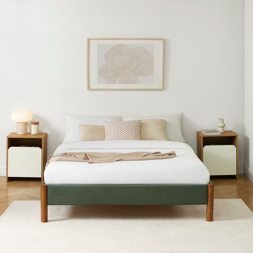 Lit Bowi Velours Côtelé Kaki 140x190 Sommier Inclus