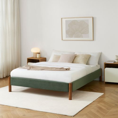 Lit Bowi Velours Côtelé Kaki 140x190 Sommier Inclus