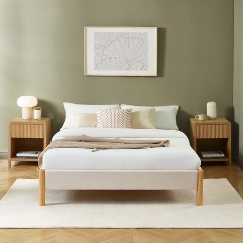 Lit Bowi Velours Côtelé Beige 140x190 Sommier Inclus