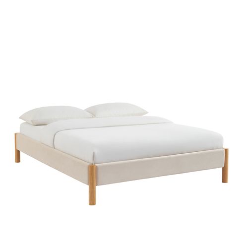 Lit Bowi Velours Côtelé Beige 140x190 Sommier Inclus