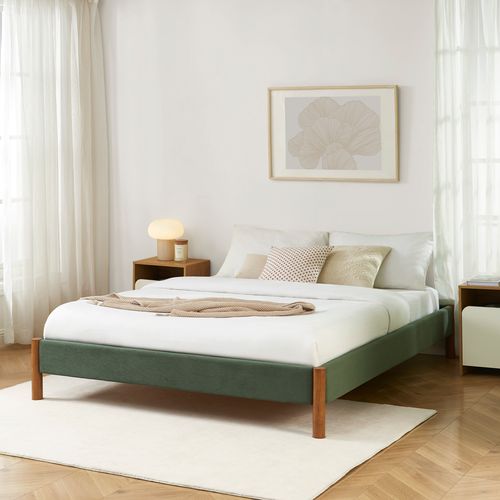 Lit Bowi Velours Côtelé Kaki 160x200 Sommier Inclus