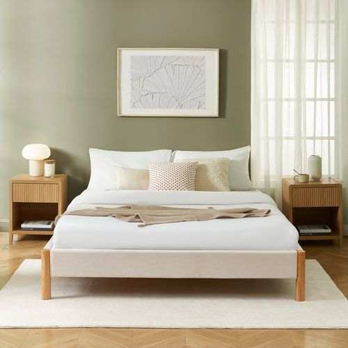 Lit Bowi Velours Côtelé Beige 160x200 Sommier Inclus