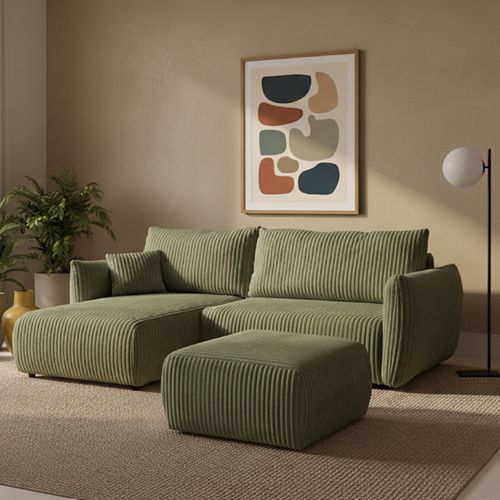 Canapé D'angle Convertible Et Réversible Gloria 4 Places Velours Côtelé Vert Sauge