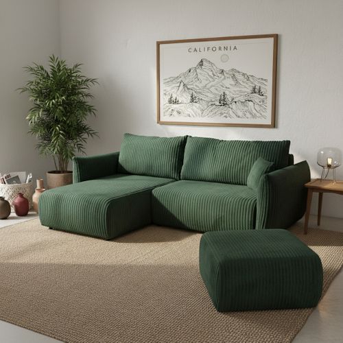Canapé D'angle Convertible Et Réversible Gloria 4 Places Velours Côtelé Vert Kaki