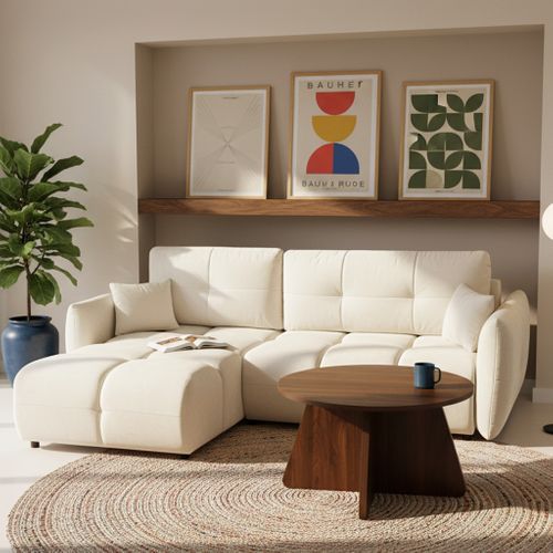 Canapé D'angle Convertible Et Réversible Como 4 Places Tissu Chenille Écru