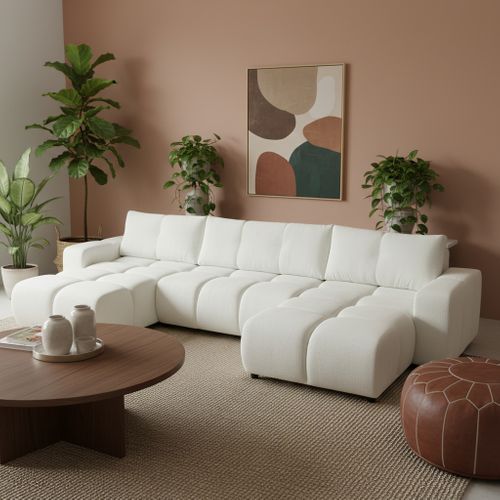 Canapé Panoramique Convertible Sorella 6 Places Tissu Chenille Écru